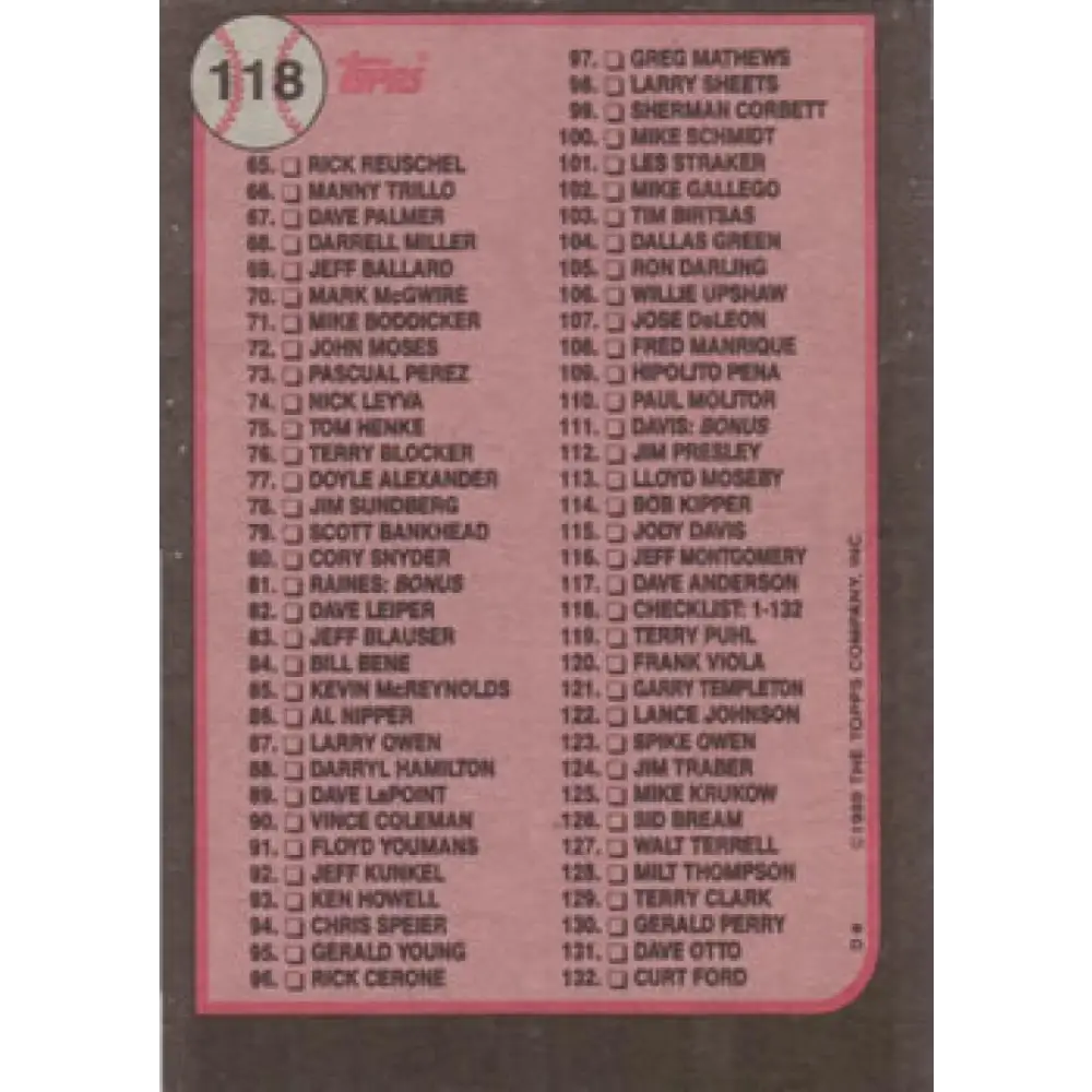 1989 Topps #118 Checklist 1-132 NM-MT N/A Baseball Card Image 2