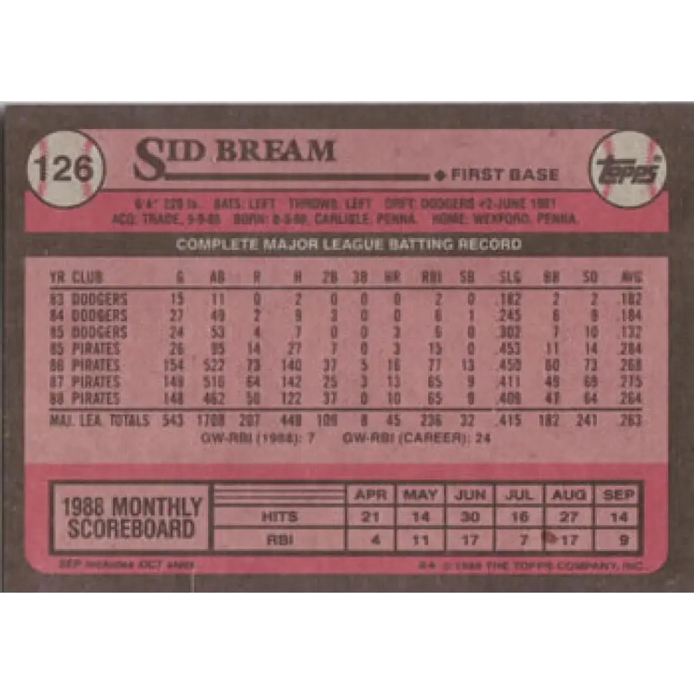 1989 Topps #126 Sid Bream NM-MT Pittsburgh Pirates Baseball Card Image 2