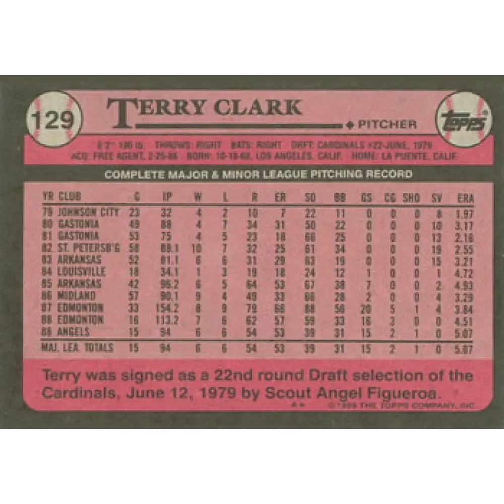 1989 Topps #129 Terry Clark NM-MT RC Rookie California Angels Baseball Card Image 2