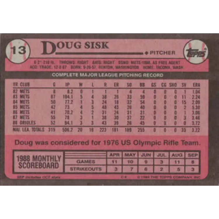 1989 Topps #13 Doug Sisk NM-MT Baltimore Orioles Baseball Card Image 2