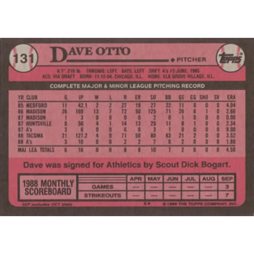1989 Topps #131 Dave Otto NM-MT Oakland Athletics Baseball Card Image 2