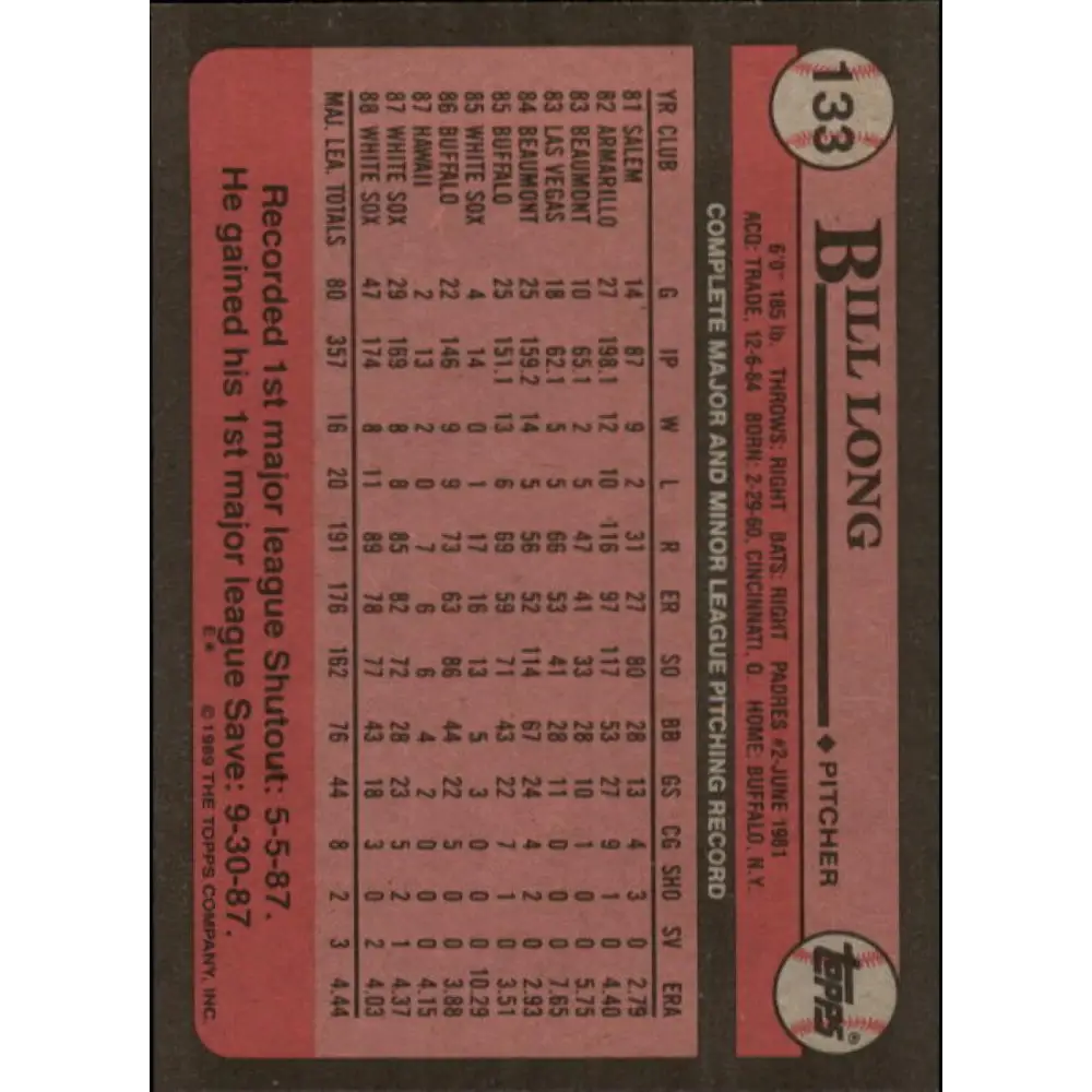 1989 Topps #133 Bill Long NM-MT Chicago White Sox Baseball Card Image 2