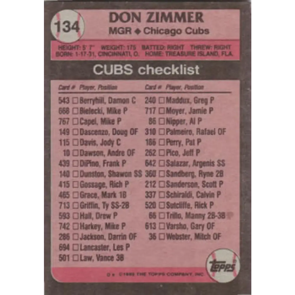 1989 Topps #134 Don Zimmer MG NM-MT Chicago Cubs Baseball Card Image 2