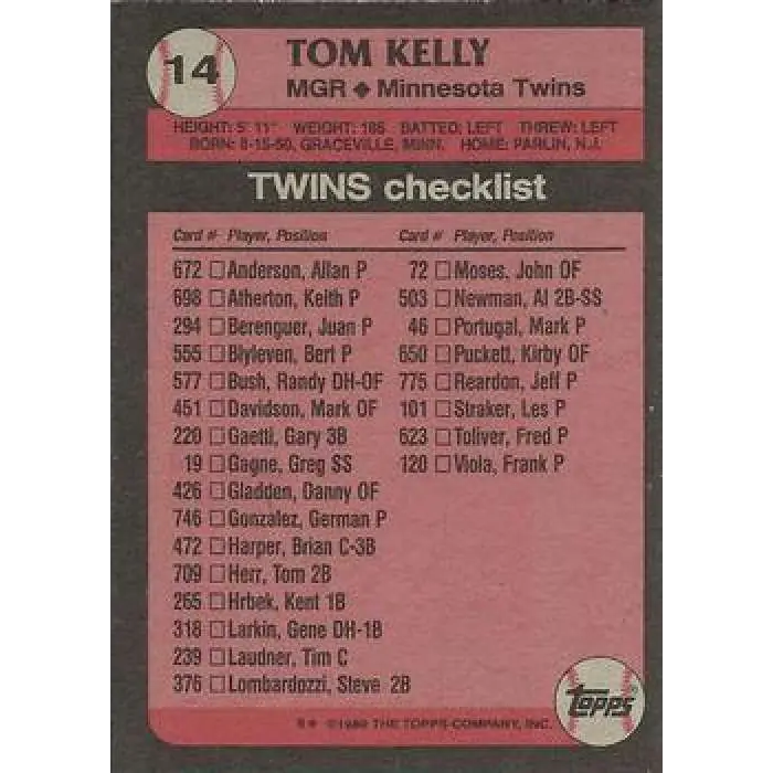 1989 Topps #14 Tom Kelly MG NM-MT Minnesota Twins Baseball Card Image 2