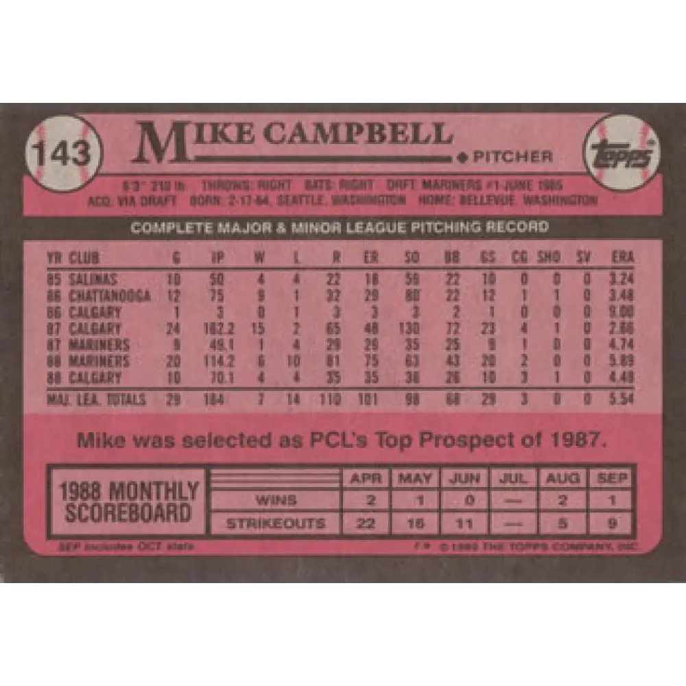 1989 Topps #143 Mike Campbell NM-MT Seattle Mariners Baseball Card Image 2