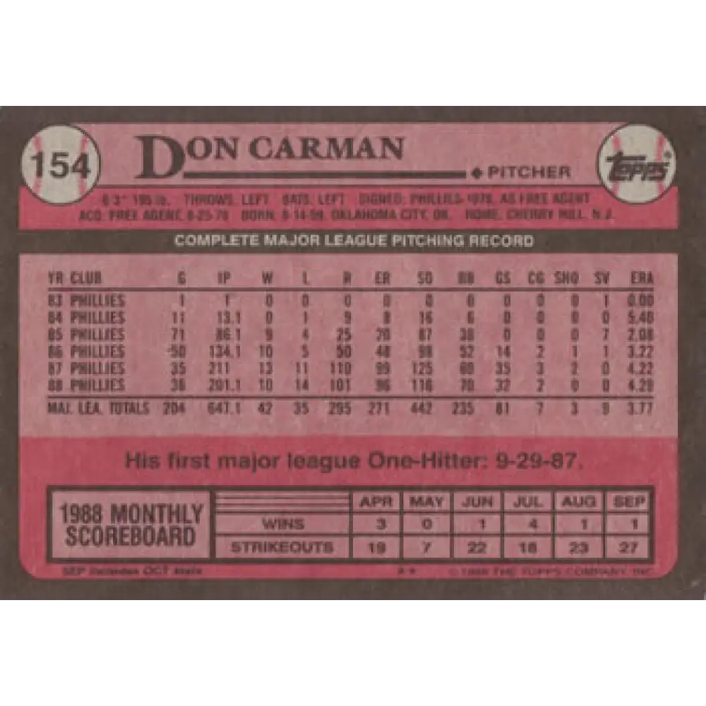 1989 Topps #154 Don Carman NM-MT Philadelphia Phillies Baseball Card Image 2