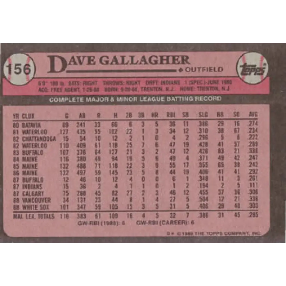 1989 Topps #156 Dave Gallagher NM-MT RC Rookie Chicago White Sox Baseball Card Image 2