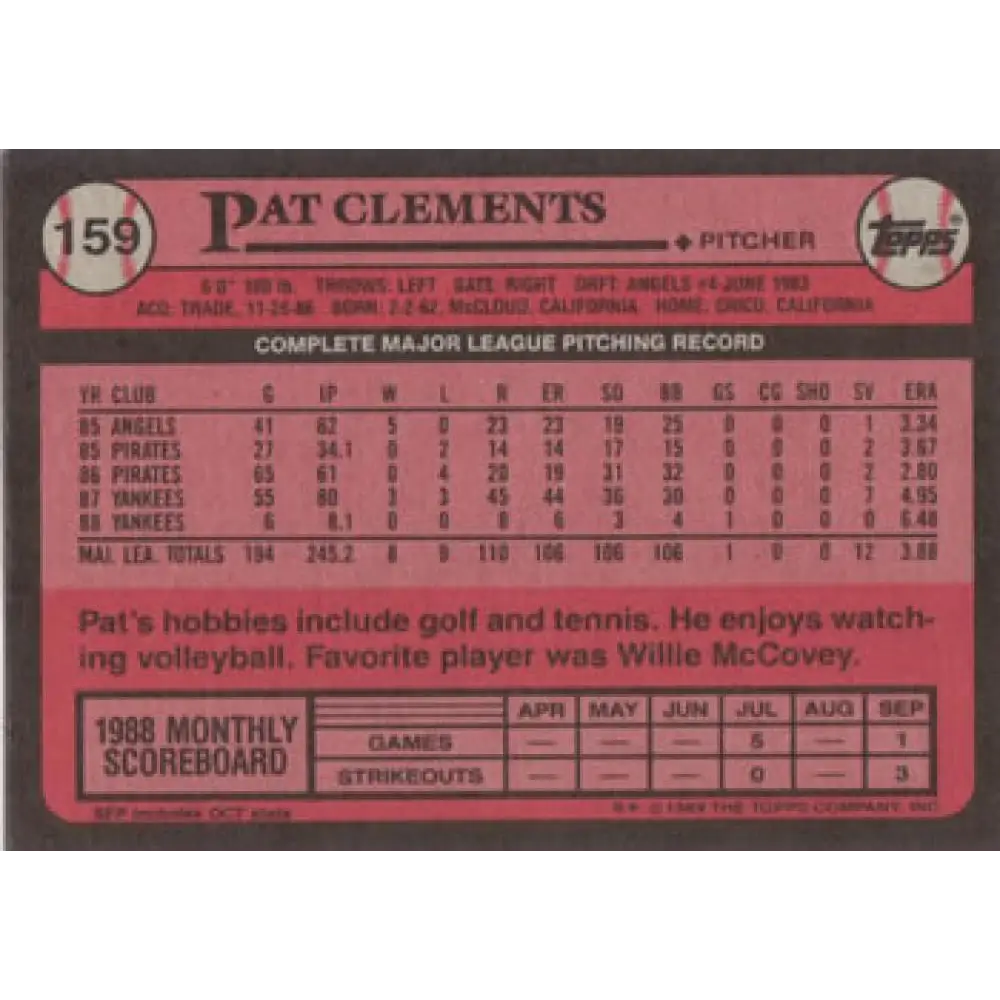 1989 Topps #159 Pat Clements NM-MT New York Yankees Baseball Card Image 2