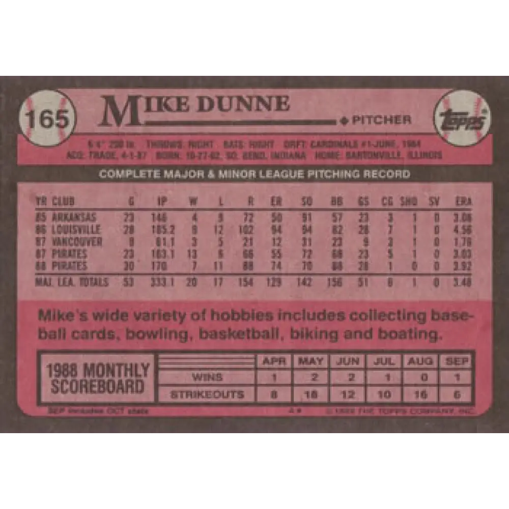 1989 Topps #165 Mike Dunne UER NM-MT Pittsburgh Pirates Baseball Card Image 2