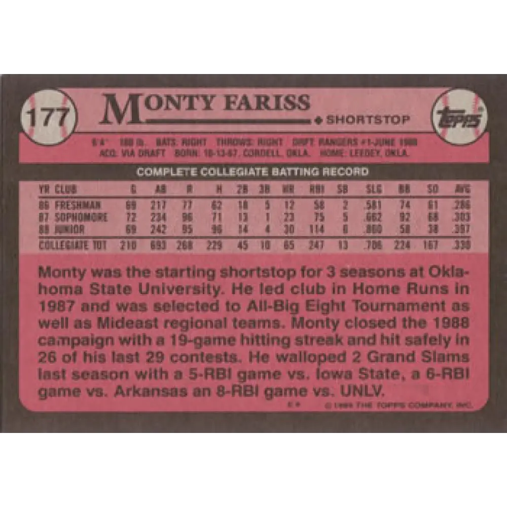 1989 Topps #177 Monty Fariss FDP NM-MT RC Rookie Texas Rangers Baseball Card Image 2