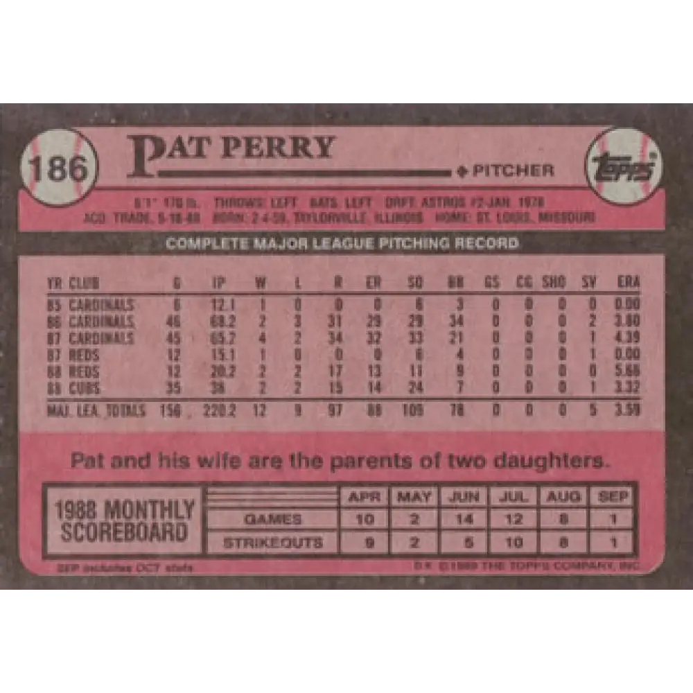 1989 Topps #186 Pat Perry NM-MT Chicago Cubs Baseball Card Image 2