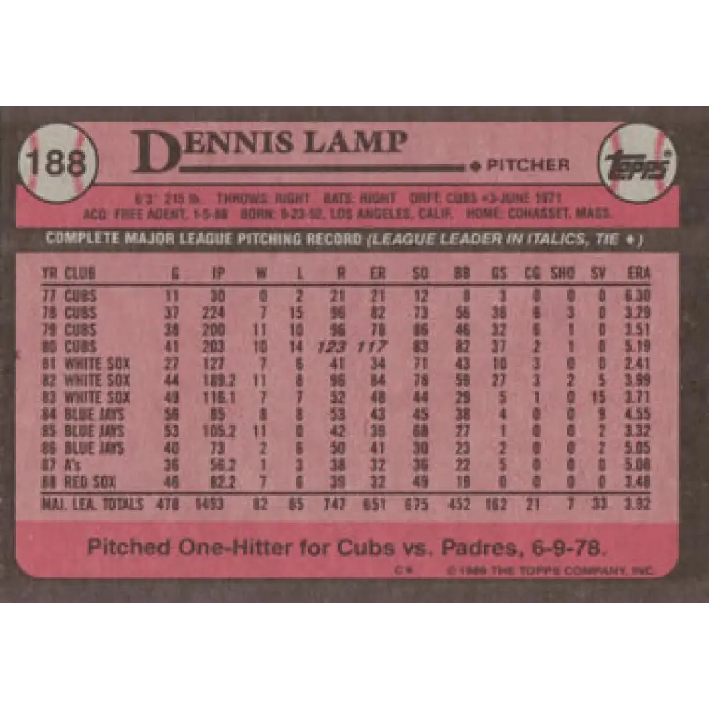 1989 Topps #188 Dennis Lamp NM-MT Boston Red Sox Baseball Card Image 2