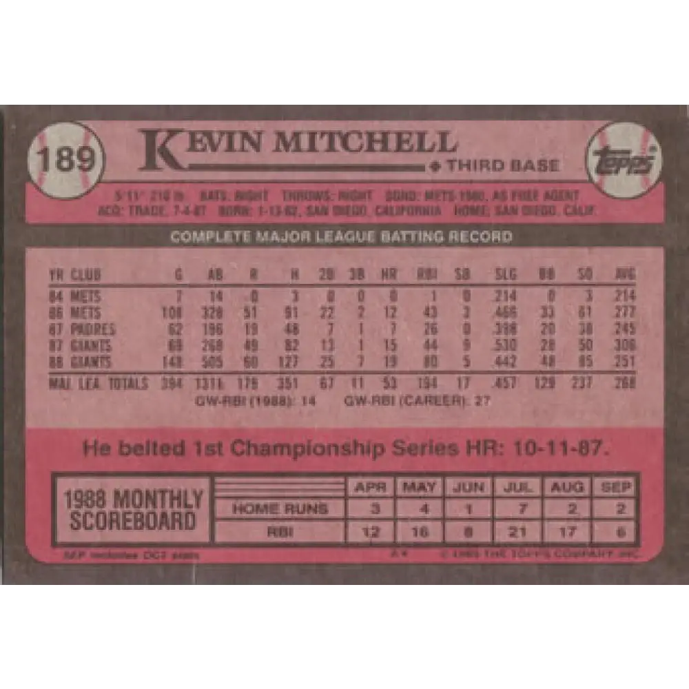 1989 Topps #189 Kevin Mitchell NM-MT San Francisco Giants Baseball Card Image 2