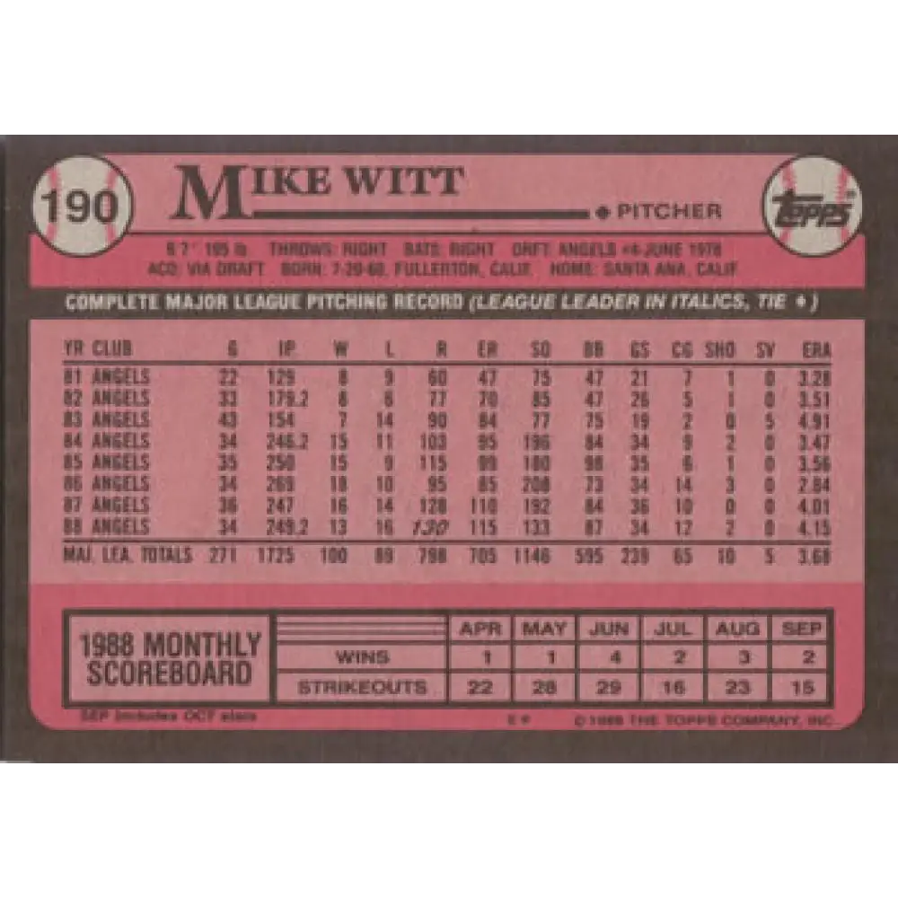 1989 Topps #190 Mike Witt NM-MT California Angels Baseball Card Image 2