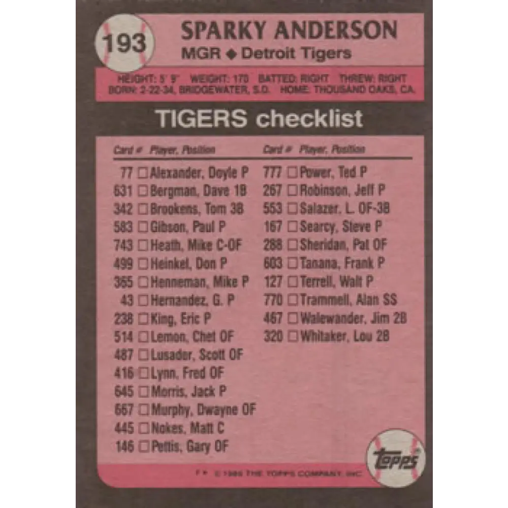 1989 Topps #193 Sparky Anderson UER NM-MT Detroit Tigers Baseball Card Image 2