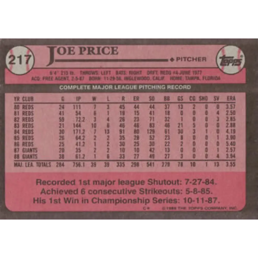 1989 Topps #217 Joe Price NM-MT San Francisco Giants Baseball Card Image 2
