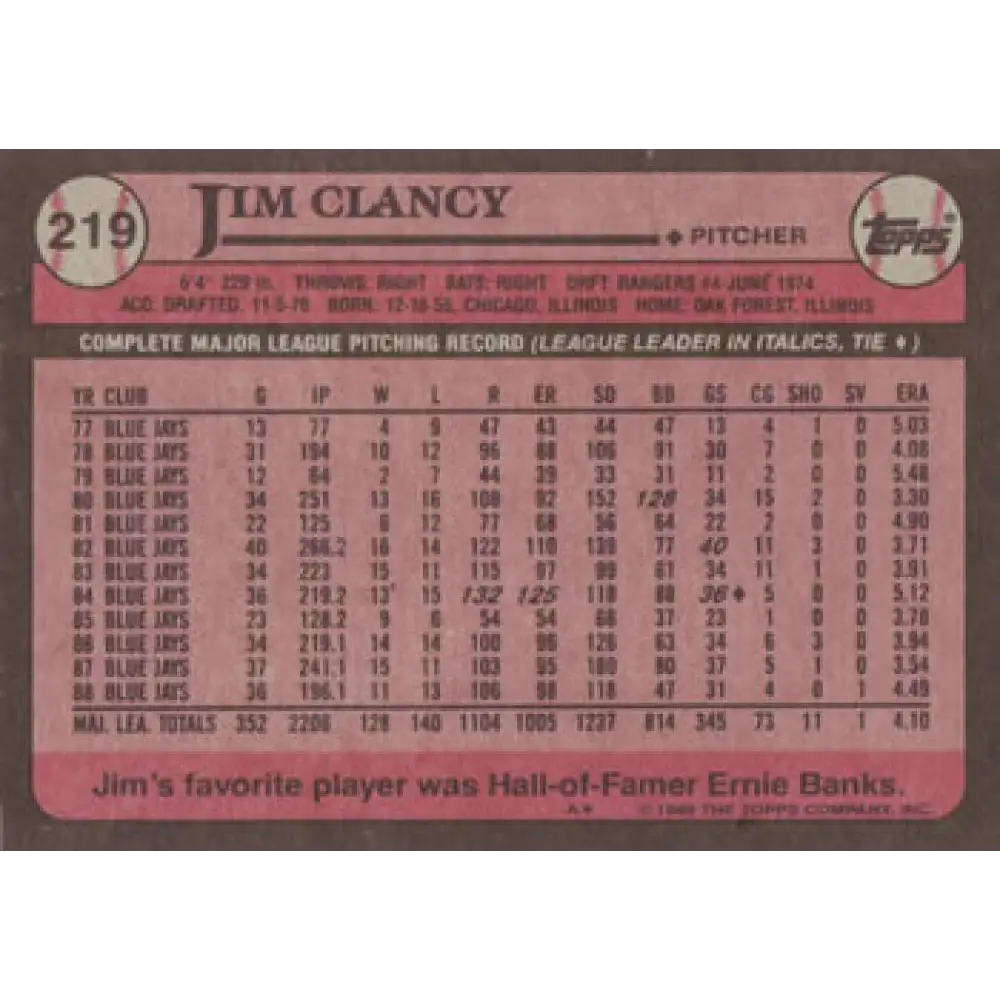 1989 Topps #219 Jim Clancy NM-MT Toronto Blue Jays Baseball Card Image 2