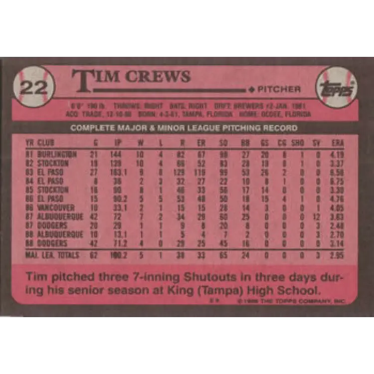 1989 Topps #22 Tim Crews NM-MT Los Angeles Dodgers Baseball Card Image 2