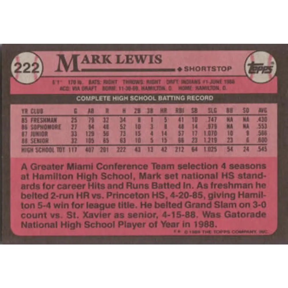 1989 Topps #222 Mark Lewis NM-MT RC Rookie Cleveland Indians Baseball Card Image 2