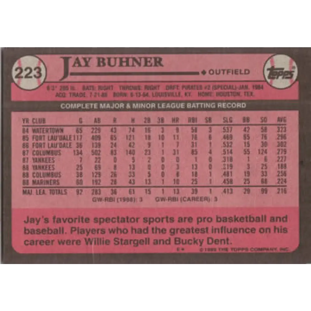 1989 Topps #223 Jay Buhner NM-MT Seattle Mariners Baseball Card Image 2