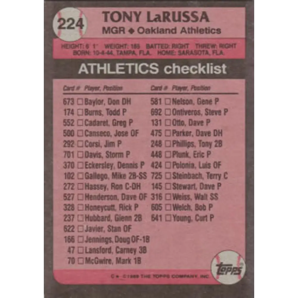 1989 Topps #224 Tony LaRussa MG NM-MT Oakland Athletics Baseball Card Image 2