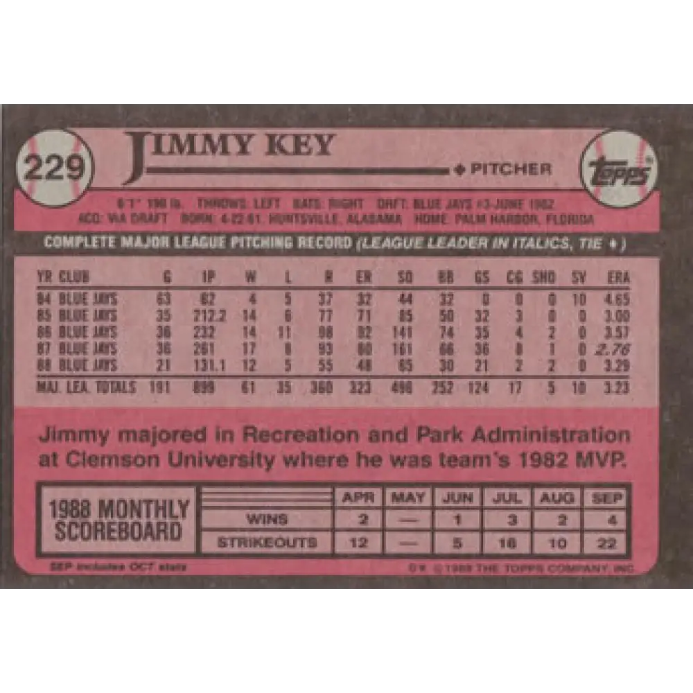 1989 Topps #229 Jimmy Key NM-MT Toronto Blue Jays Baseball Card Image 2