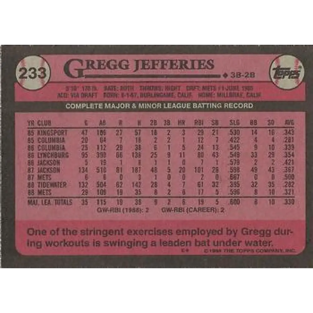 1989 Topps #233a Gregg Jefferies NM-MT New York Mets Baseball Card Image 2