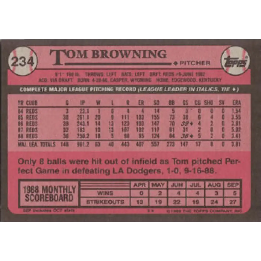 1989 Topps #234 Tom Browning NM-MT Cincinnati Reds Baseball Card Image 2