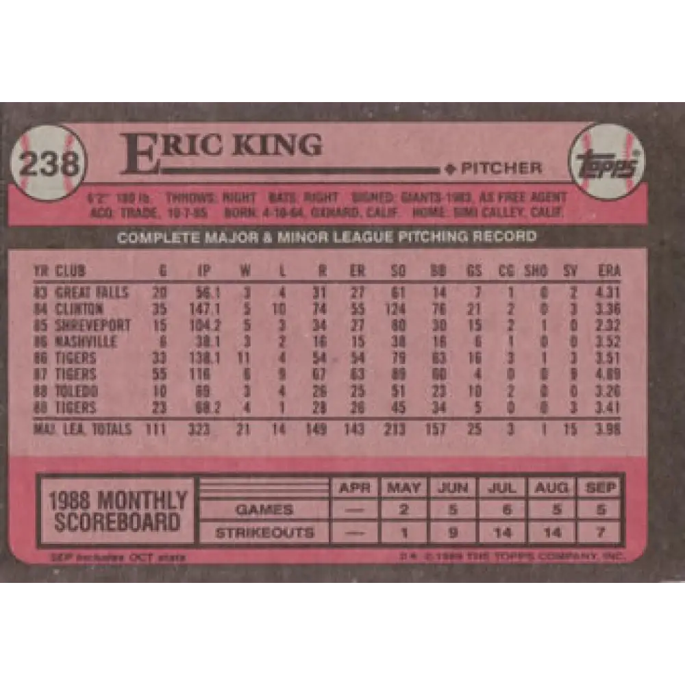 1989 Topps #238 Eric King NM-MT Detroit Tigers Baseball Card Image 2