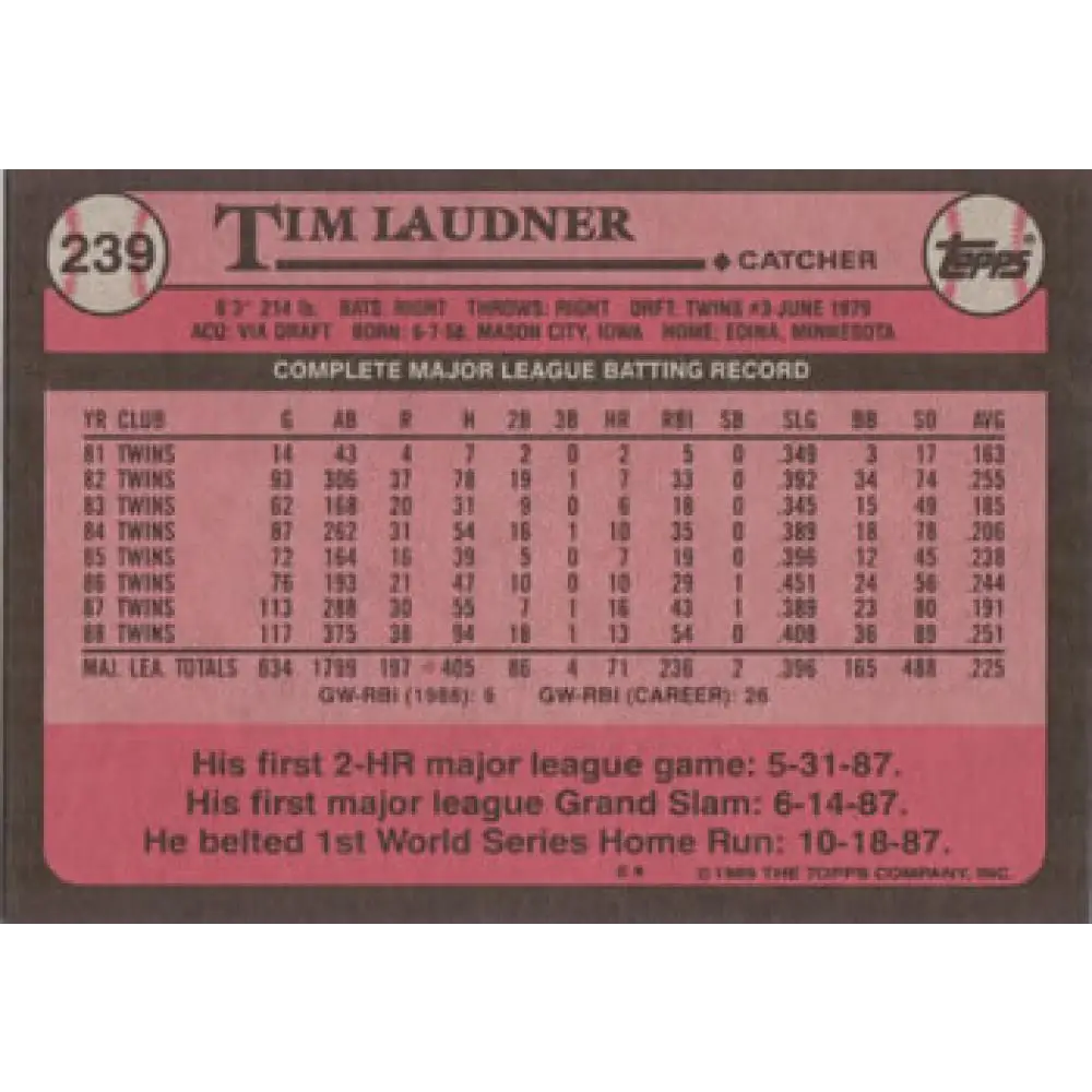 1989 Topps #239 Tim Laudner NM-MT Minnesota Twins Baseball Card Image 2