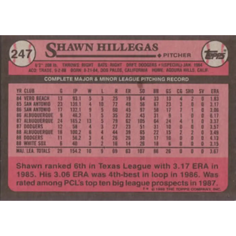 1989 Topps #247 Shawn Hillegas NM-MT Chicago White Sox Baseball Card Image 2