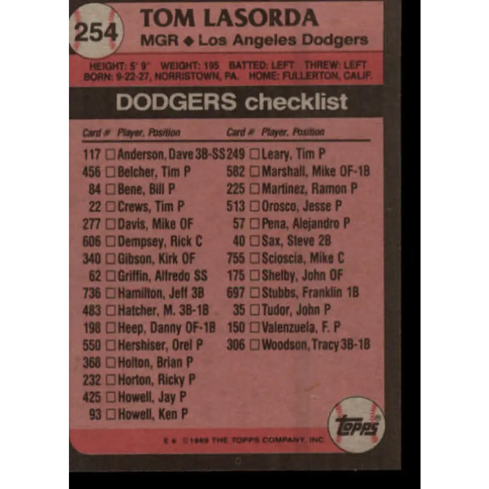 1989 Topps #254 Tom Lasorda MG NM-MT Los Angeles Dodgers Baseball Card Image 2