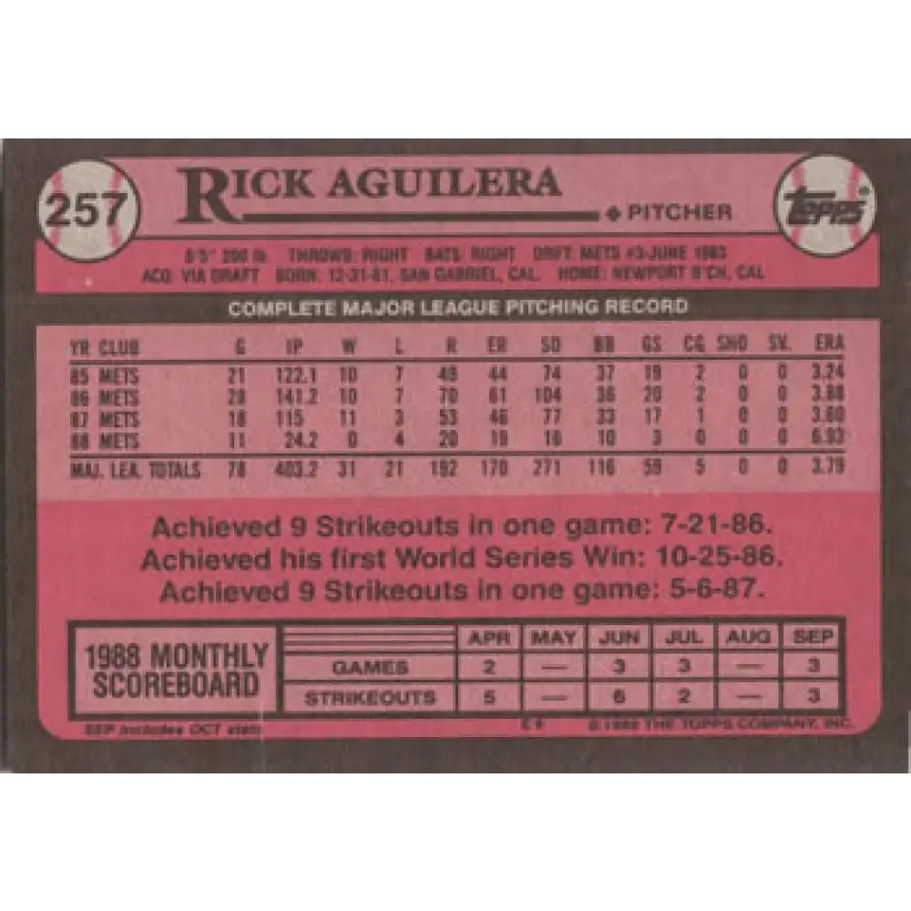 1989 Topps #257 Rick Aguilera NM-MT New York Mets Baseball Card Image 2