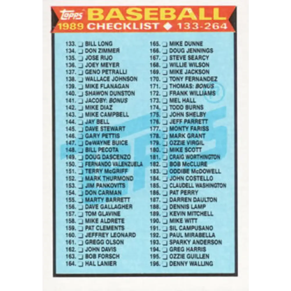1989 Topps #258 Checklist 133-264 NM-MT N/A Baseball Card Image 1