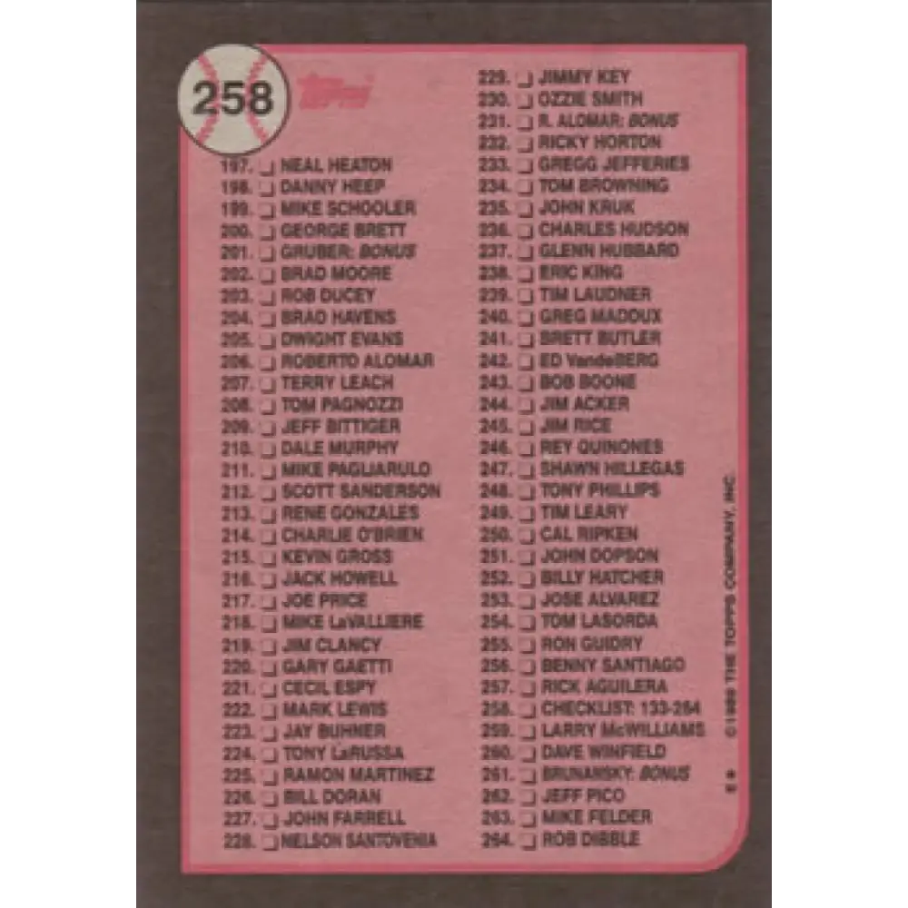 1989 Topps #258 Checklist 133-264 NM-MT N/A Baseball Card Image 2