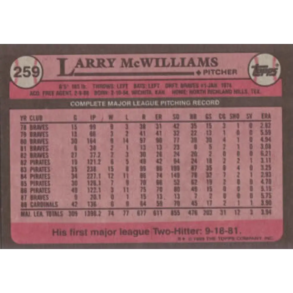 1989 Topps #259 Larry McWilliams NM-MT St. Louis Cardinals Baseball Card Image 2