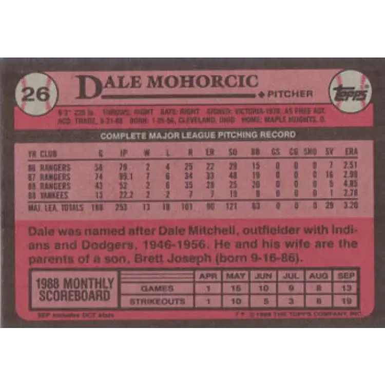 1989 Topps #26 Dale Mohorcic NM-MT New York Yankees Baseball Card Image 2