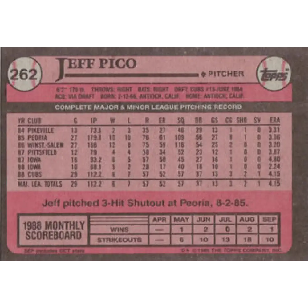 1989 Topps #262 Jeff Pico NM-MT Chicago Cubs Baseball Card Image 2