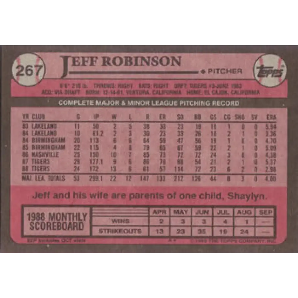 1989 Topps #267 Jeff Robinson NM-MT Detroit Tigers Baseball Card Image 2