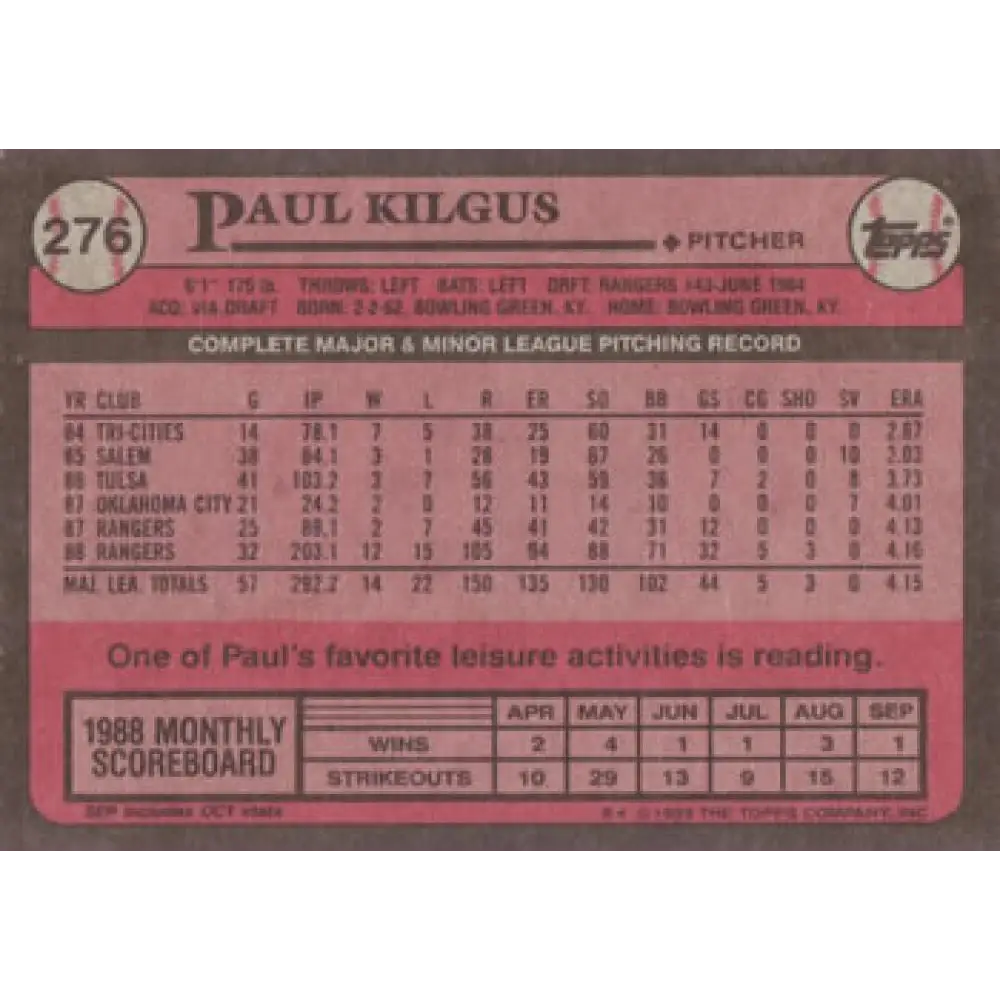 1989 Topps #276 Paul Kilgus NM-MT Texas Rangers Baseball Card Image 2