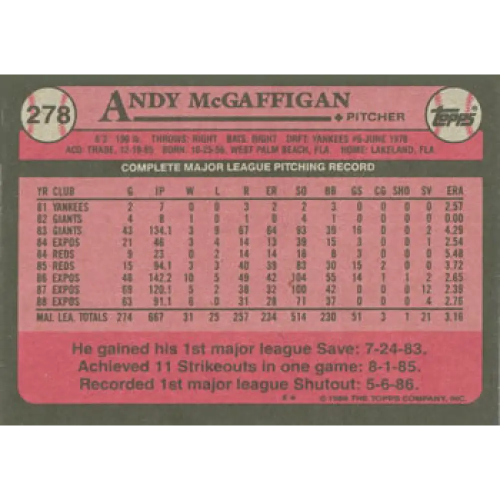 1989 Topps #278 Andy McGaffigan NM-MT Montreal Expos Baseball Card Image 2