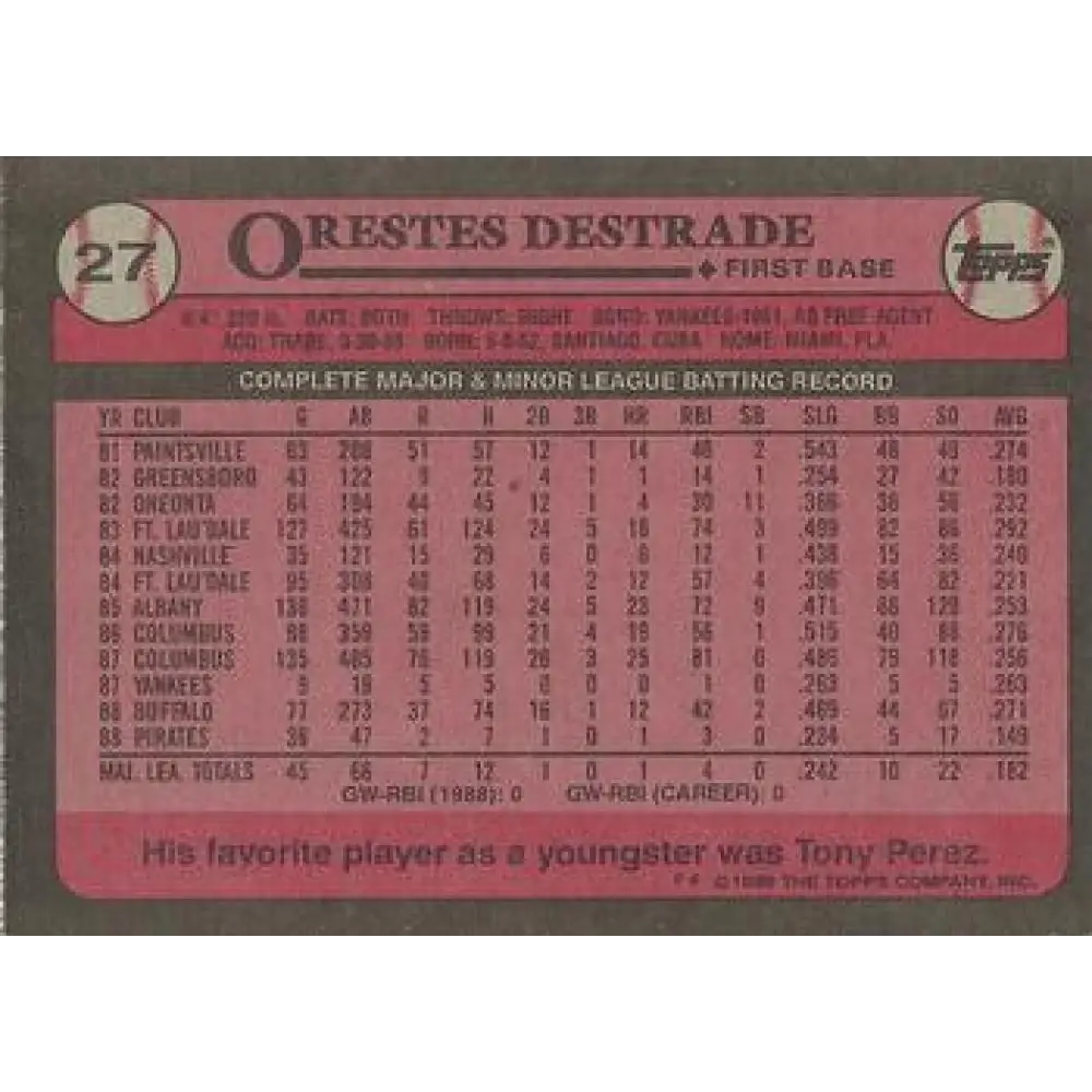 1989 Topps #27b Orestes Destrade NM-MT RC Rookie Pittsburgh Pirates Baseball Card Image 2