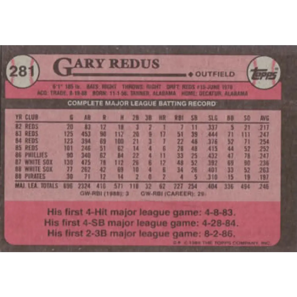 1989 Topps #281 Gary Redus NM-MT Pittsburgh Pirates Baseball Card Image 2