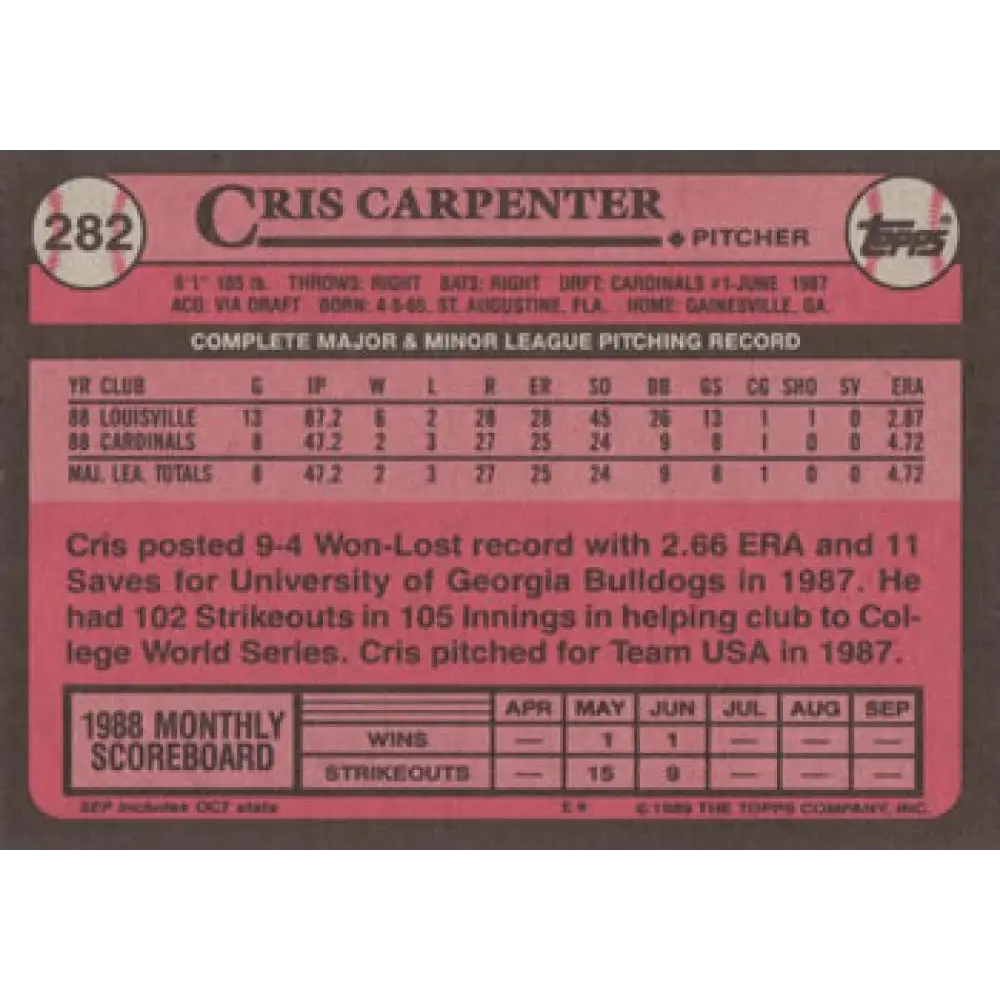 1989 Topps #282 Cris Carpenter NM-MT RC Rookie St. Louis Cardinals Baseball Card Image 2
