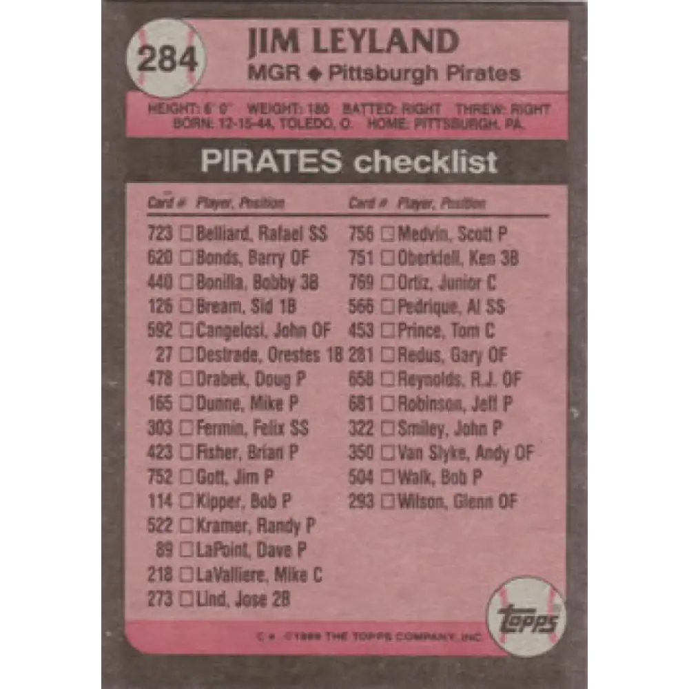 1989 Topps #284 Jim Leyland MG NM-MT Pittsburgh Pirates Baseball Card Image 2