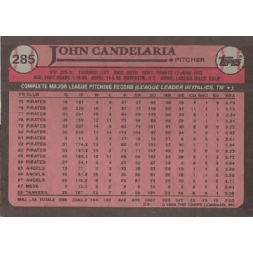1989 Topps #285 John Candelaria NM-MT New York Yankees Baseball Card Image 2