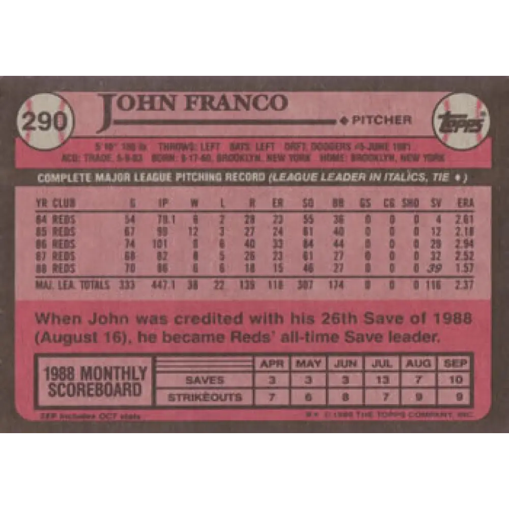 1989 Topps #290 John Franco NM-MT Cincinnati Reds Baseball Card Image 2