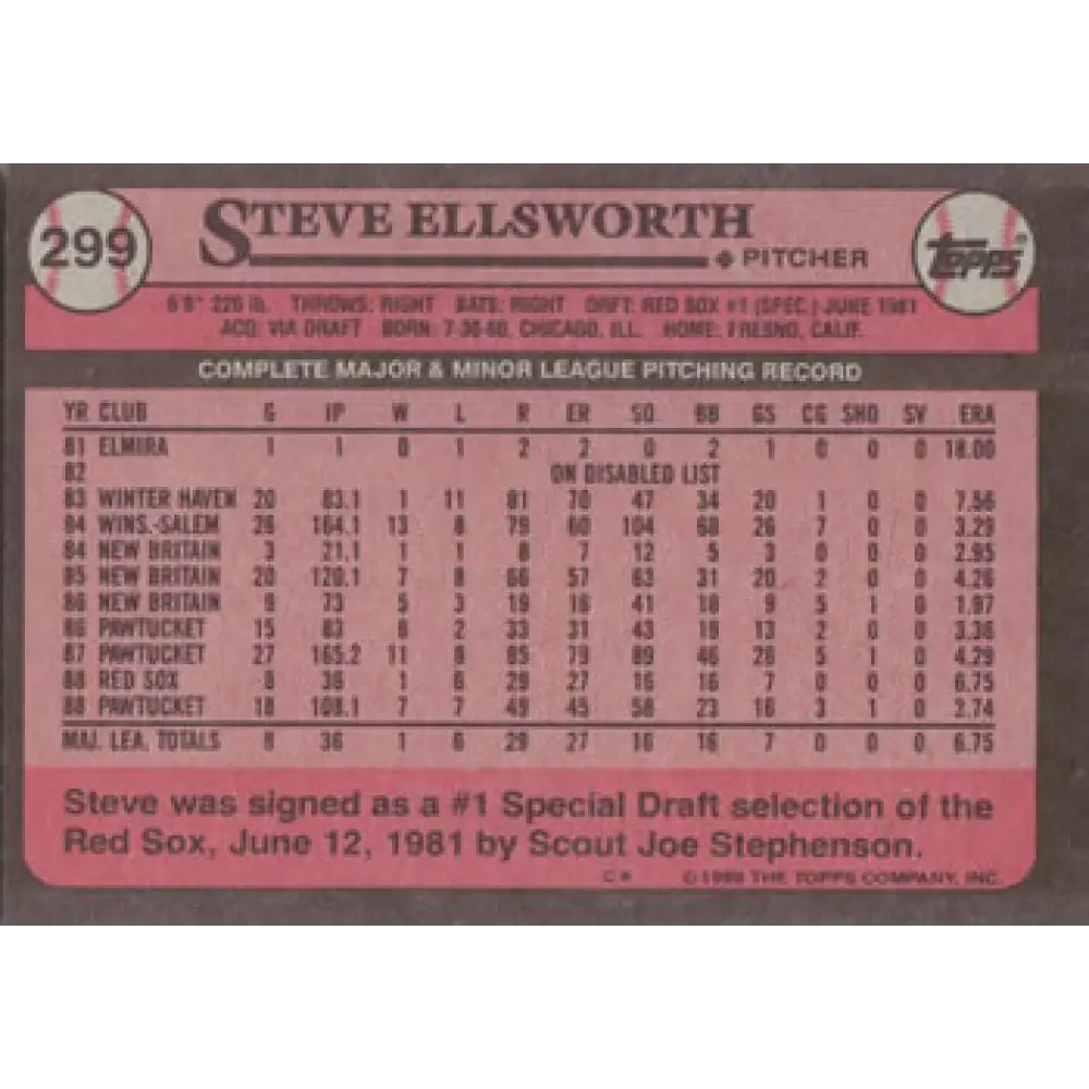 1989 Topps #299 Steve Ellsworth NM-MT RC Rookie Boston Red Sox Baseball Card Image 2