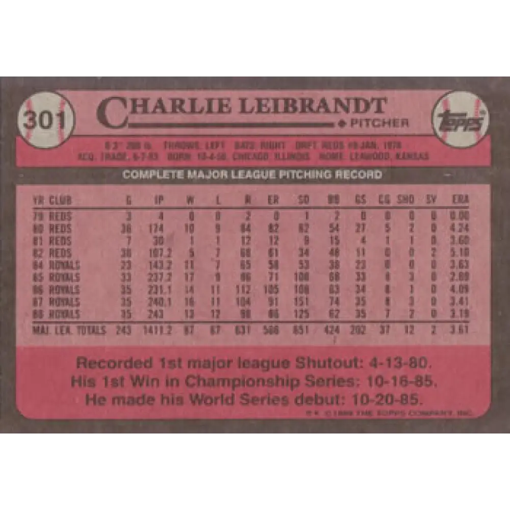 1989 Topps #301 Charlie Leibrandt NM-MT Kansas City Royals Baseball Card Image 2