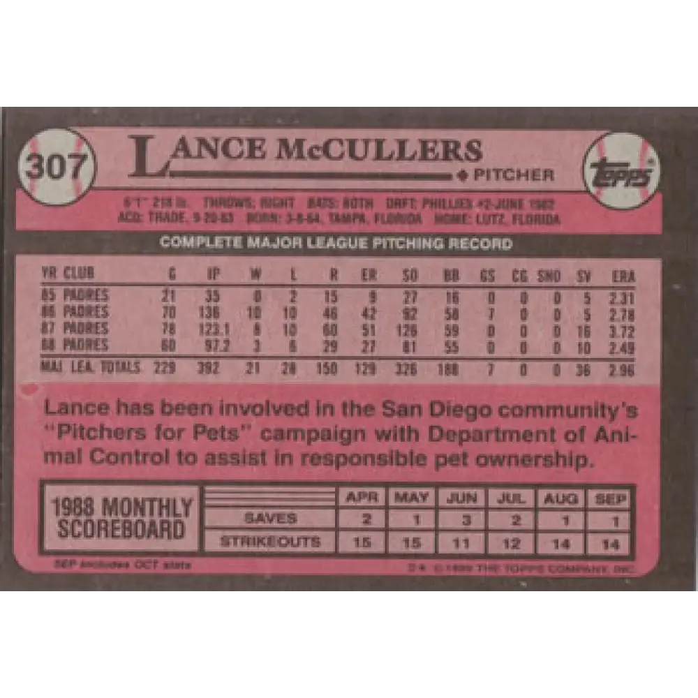 1989 Topps #307 Lance McCullers NM-MT San Diego Padres Baseball Card Image 2